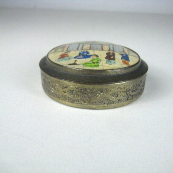 Vintage Hand Painted Asian Trinket Box Mirror Top Mother Of Pearl Silver Plated - Picture 5 of 15
